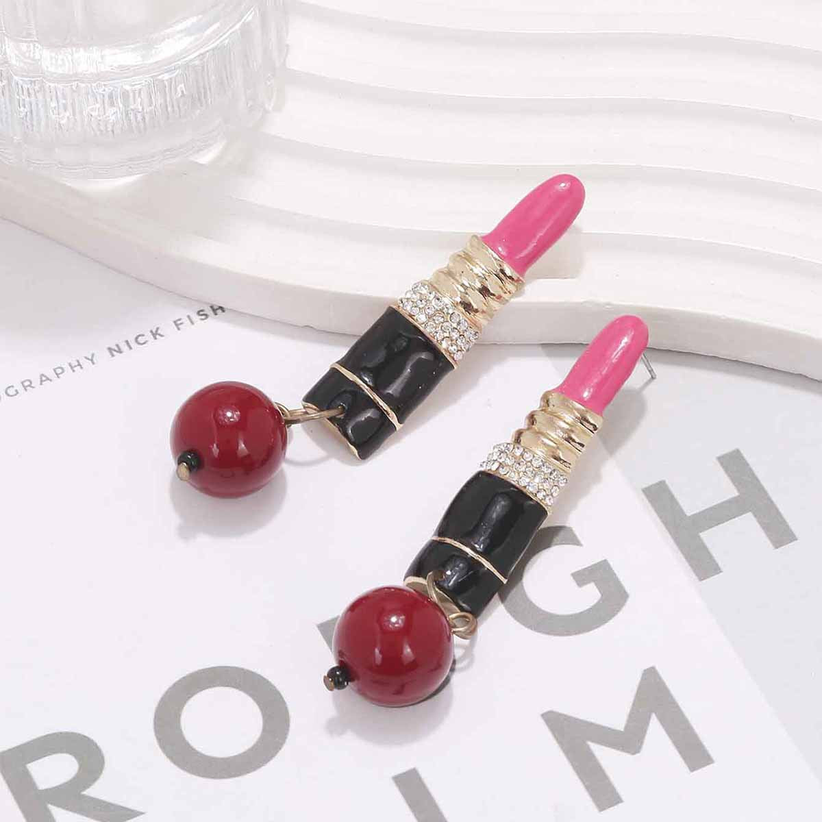 Rhinestone Lipstick-Style Earrings with Beaded Pendant