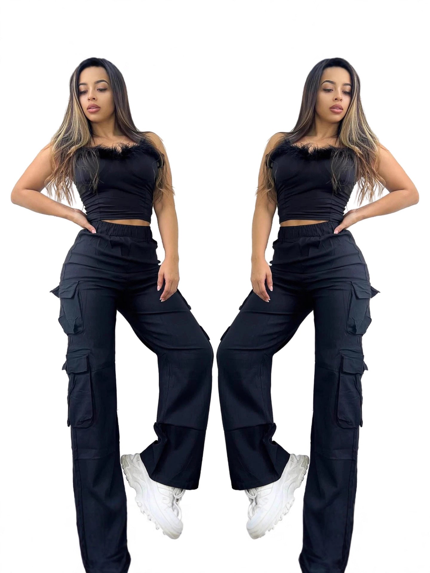 Women High-Waisted Wide-Leg Cargo Pants Multi-Pocket Casual Pants