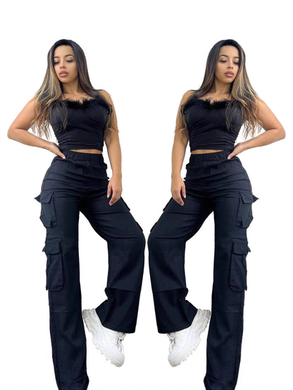 Women High-Waisted Wide-Leg Cargo Pants Multi-Pocket Casual Pants