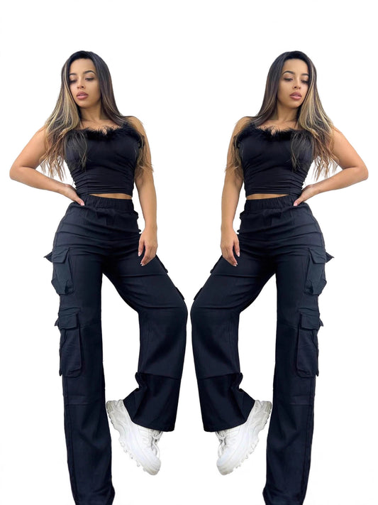 Women High-Waisted Wide-Leg Cargo Pants Multi-Pocket Casual Pants