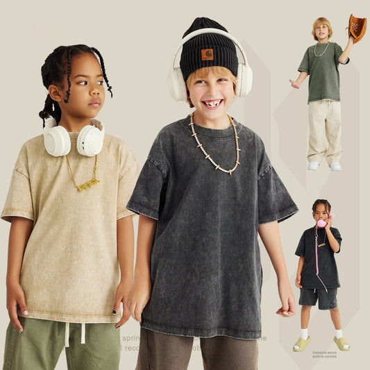 Washed Round Neck Short Sleeve Batik Children's T-shirt