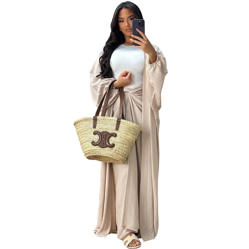 Elegante Effen Lange Cardigan Gedraaide Rok Tweedelige Set Vrouwen