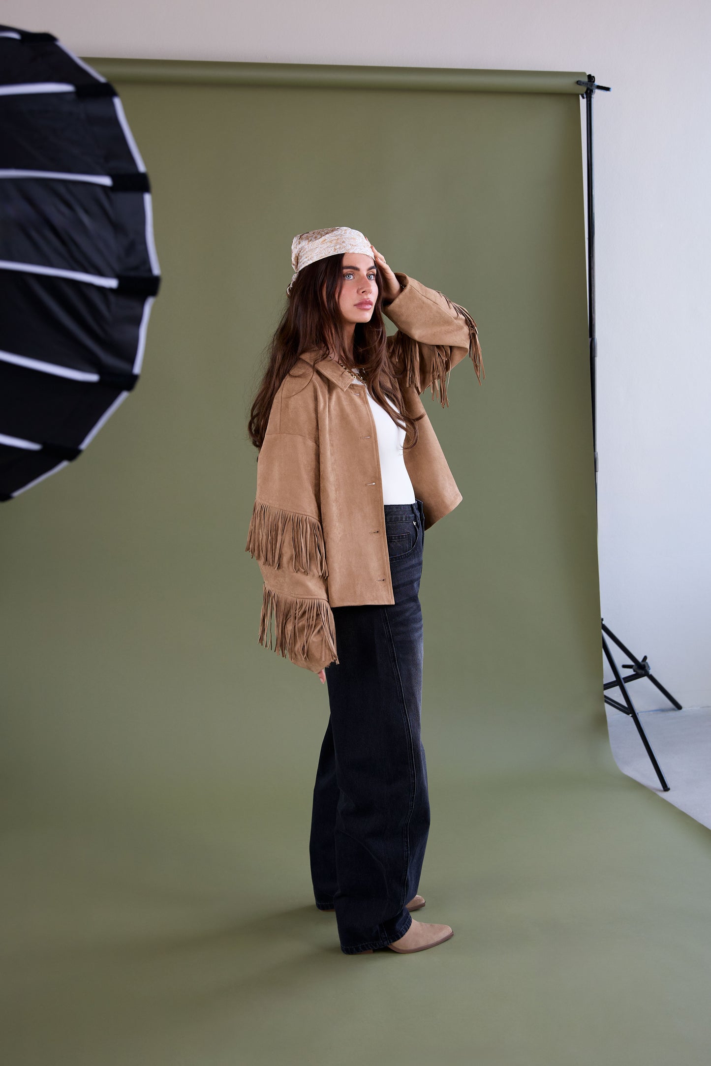 Suedelook jasje met franjes