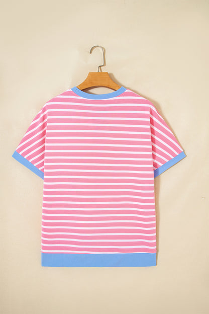 Gestreepte top met contrasterende bies losse korte mouwen en shorts