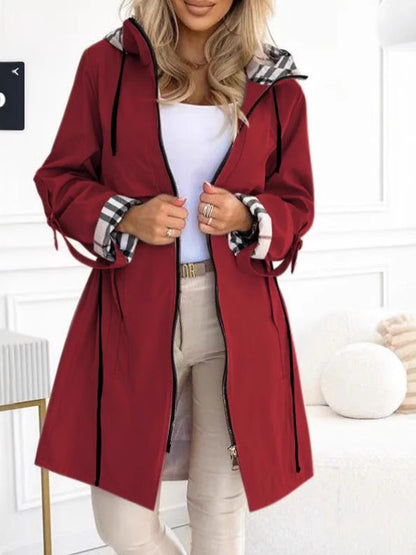 Women's Hooded Plaid Printed Windbreaker Coat