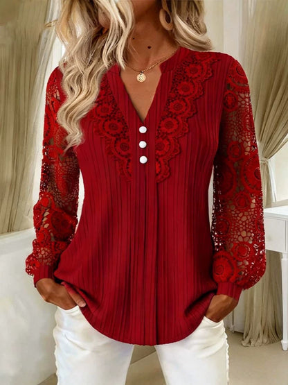 Women Solid Color V-Neck Lace Blouse Long Sleeve Slim Fit Shirt