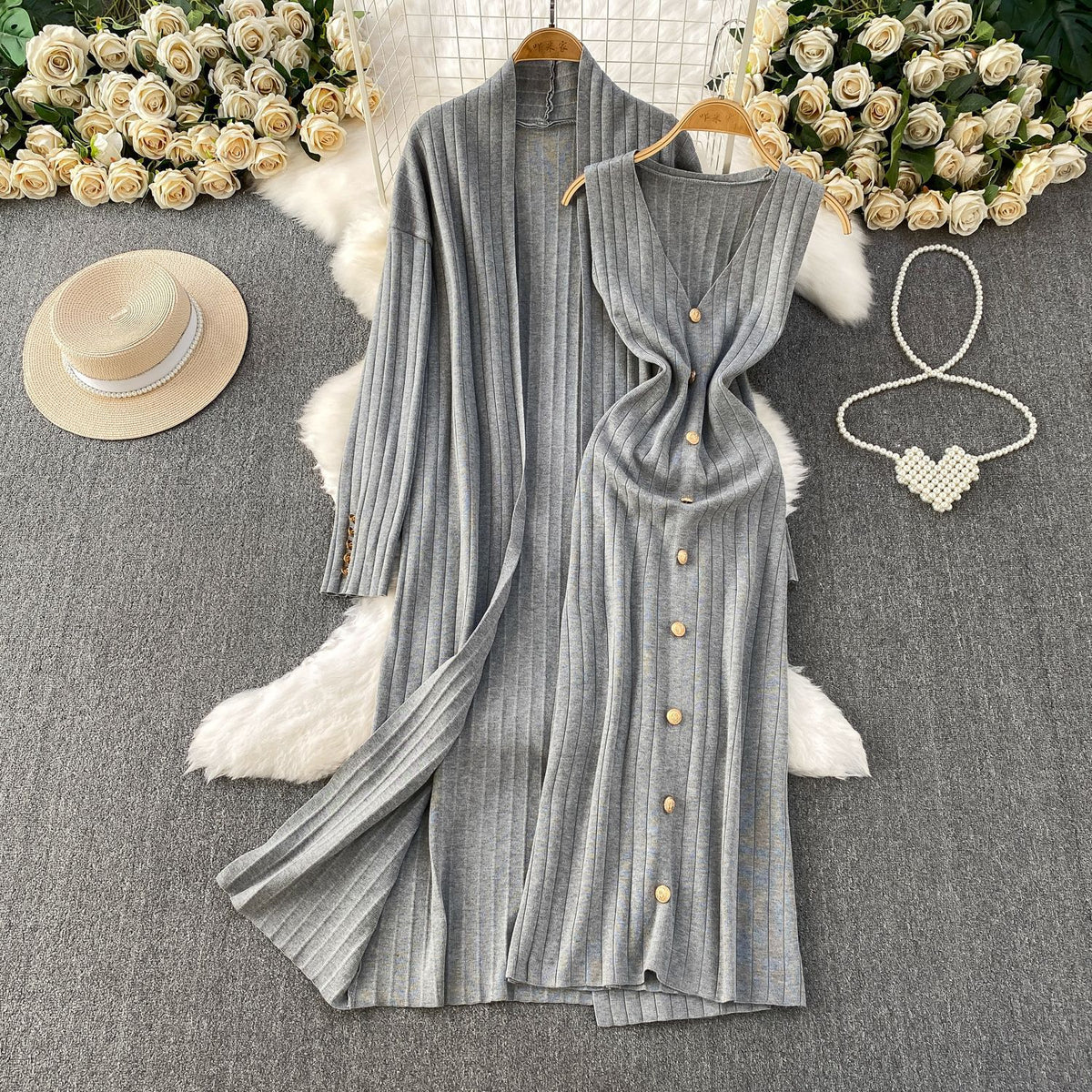 Elegant Knitted Shawl Jacket and Vest Dress Suit