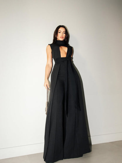 Zwarte mouwloze vetertop en hoge taillebroek set