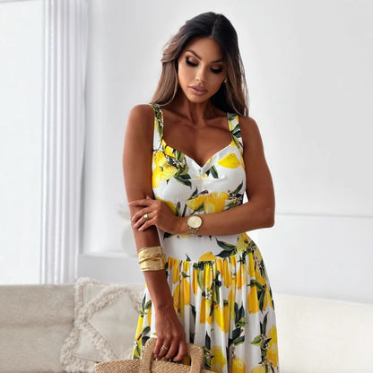 Women's Summer Print Waist Sling Dress Oversized Swing