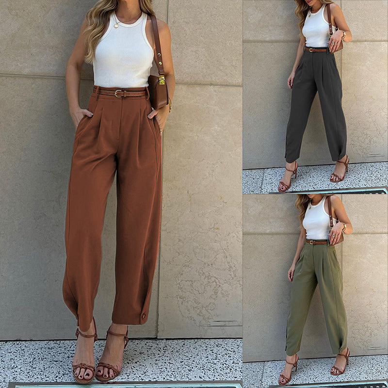 Fashion Temperament Solid Color Loose High Waist Nine-Point Suit Pants