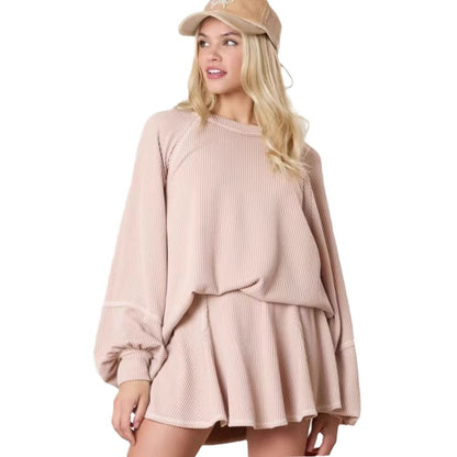 Effen kleur casual losse textuur lange mouwen tweedelig set