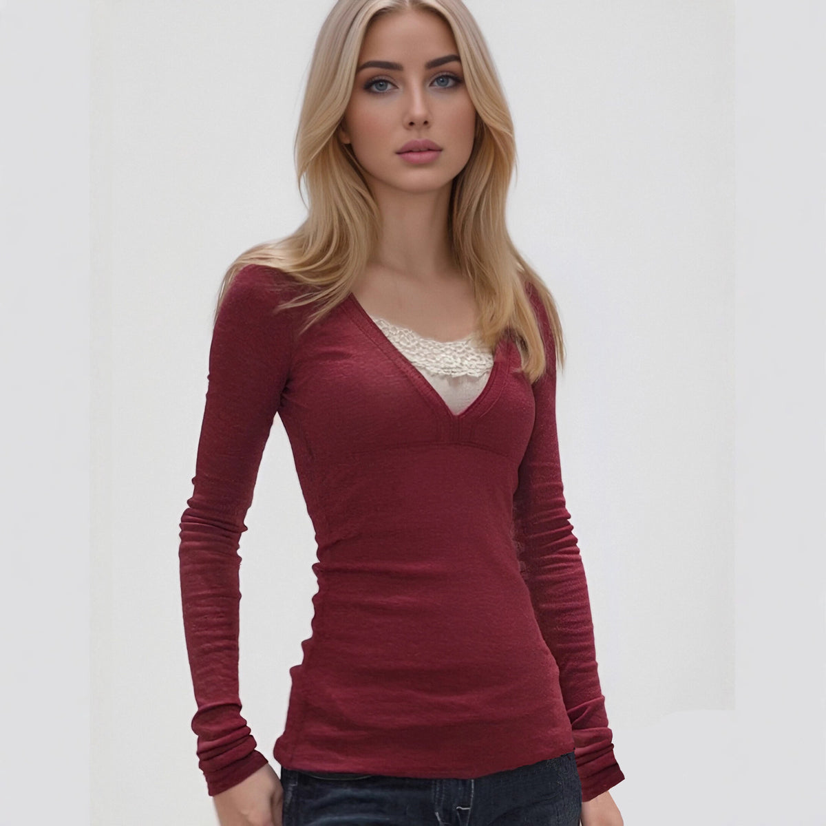 Womens Lace Detail Slim Fit Long Sleeve Shirt
