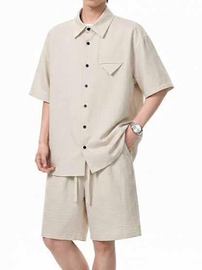 Imitation Linen Casual Suit for Men Summer Thin Drapey Short-Sleeve Shirt and Shorts Two-Piece Set