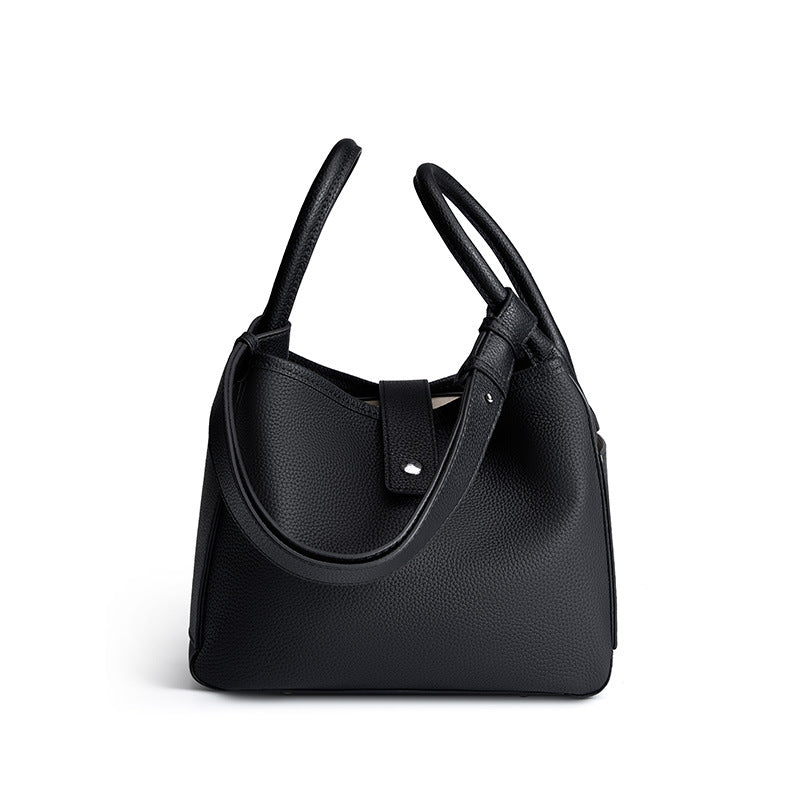 Genuine Cowhide Bucket Bag with Adjustable Strap