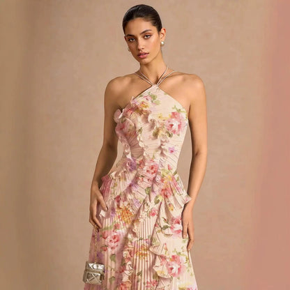 Women's Pleated Chiffon Midi Dress Floral Print Evening Gown
