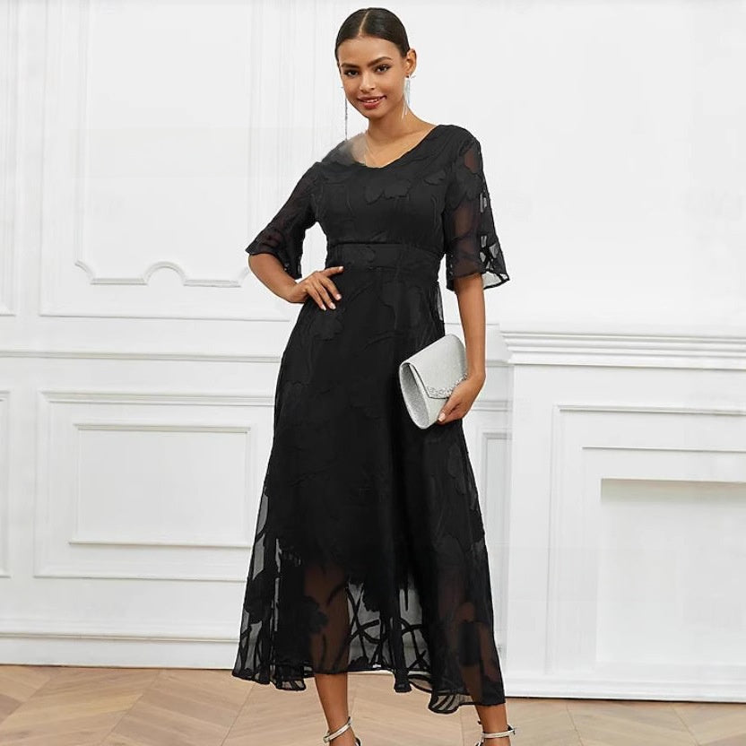 Womens Elegant V-Neck Jacquard A-Line Midi Dress