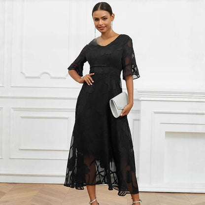 Womens Elegant V-Neck Jacquard A-Line Midi Dress