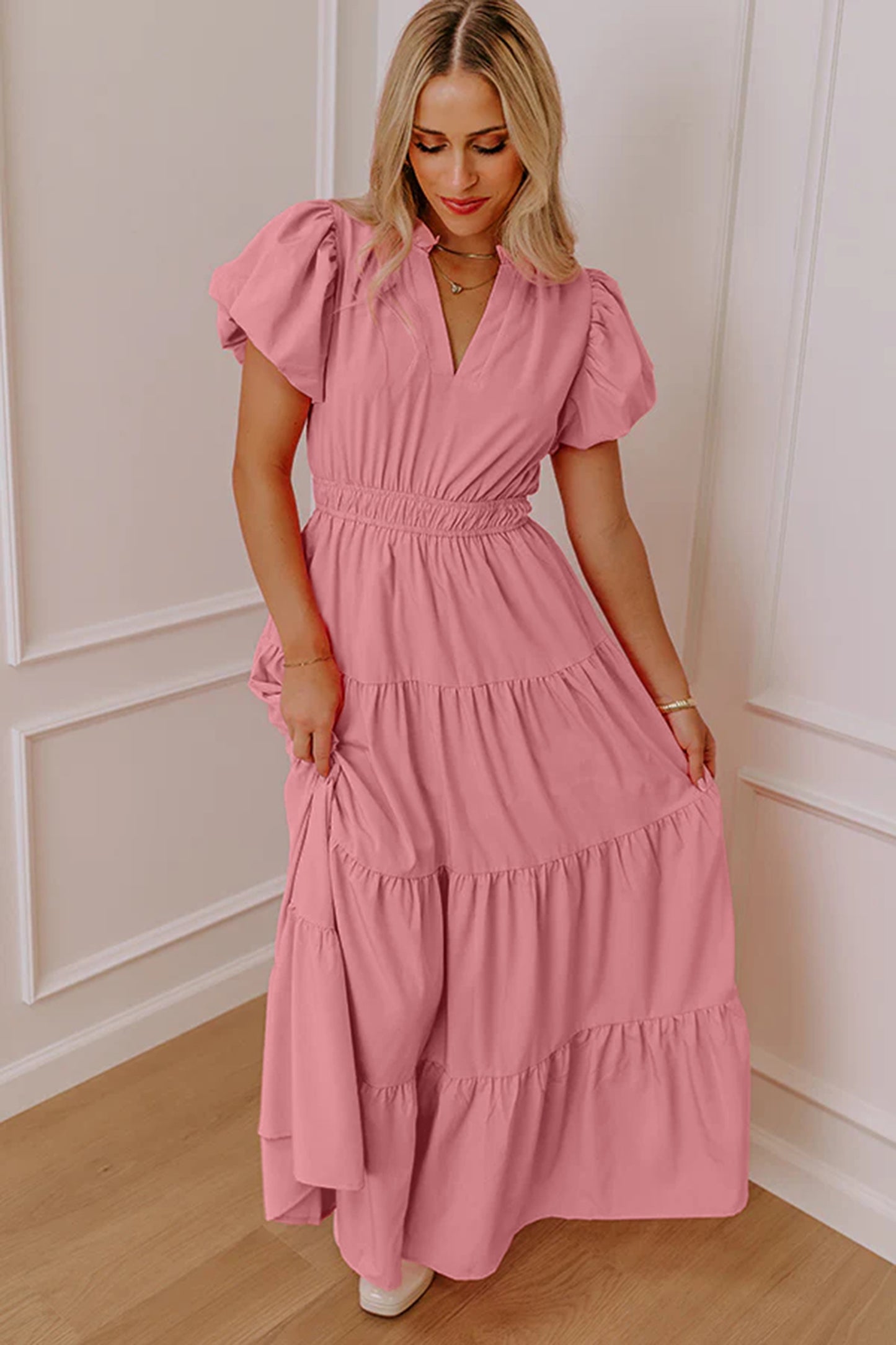 Effen maxi-jurk met V-hals korte pofmouwen en hoge taille