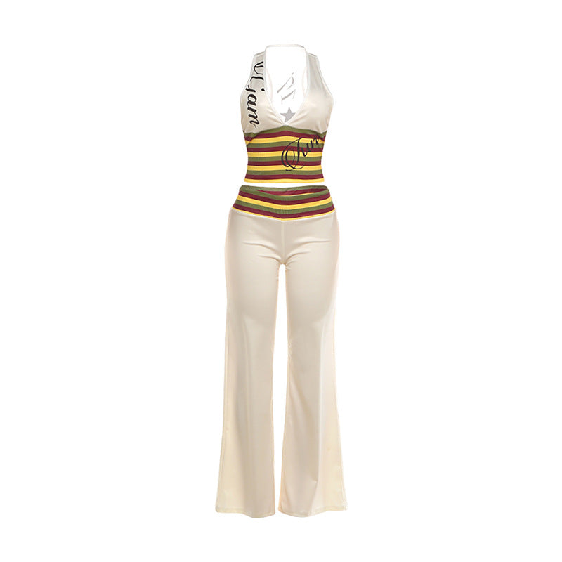 Womens Striped Crop Top and Flared Pants Set
