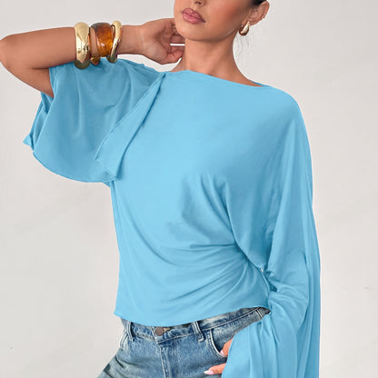Casual gebreide slim fit top met lange wijde mouwen en strik op de rug