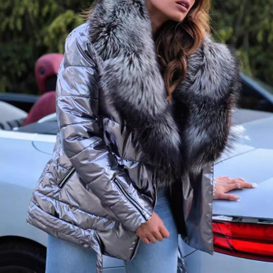 Womens Fur Collar Down Cotton Jacket with Belt