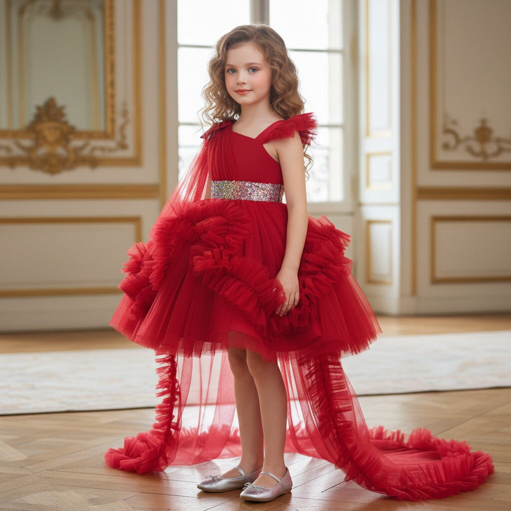 Girls Tulle Princess Dress with Irregular Train and Bow Detail Birthday Party Dress