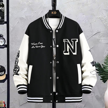 Letterprint Color Block Knoop Ronde Hals Baseball Jacket