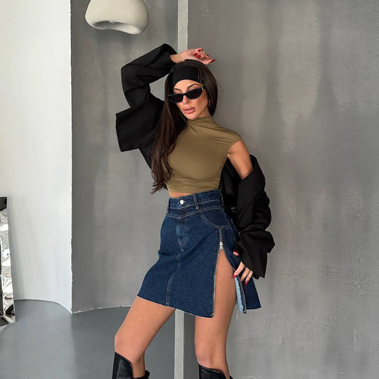 Design rits split denim rok dames