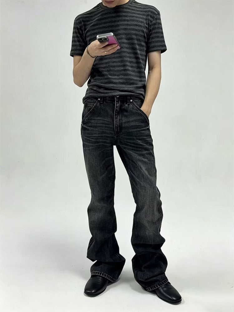 Raw Denim Flared Jeans with Embroidery