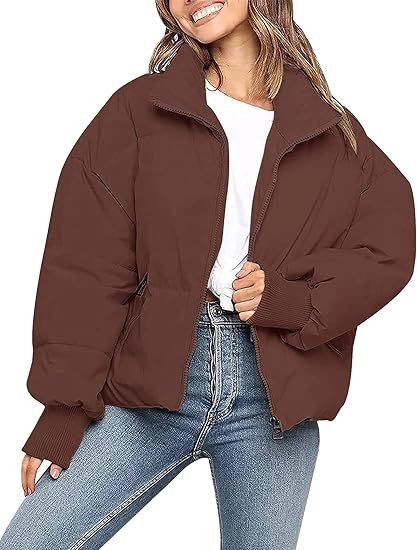 Womens Short Puffer Cotton Jacket Loose Fit Solid Color