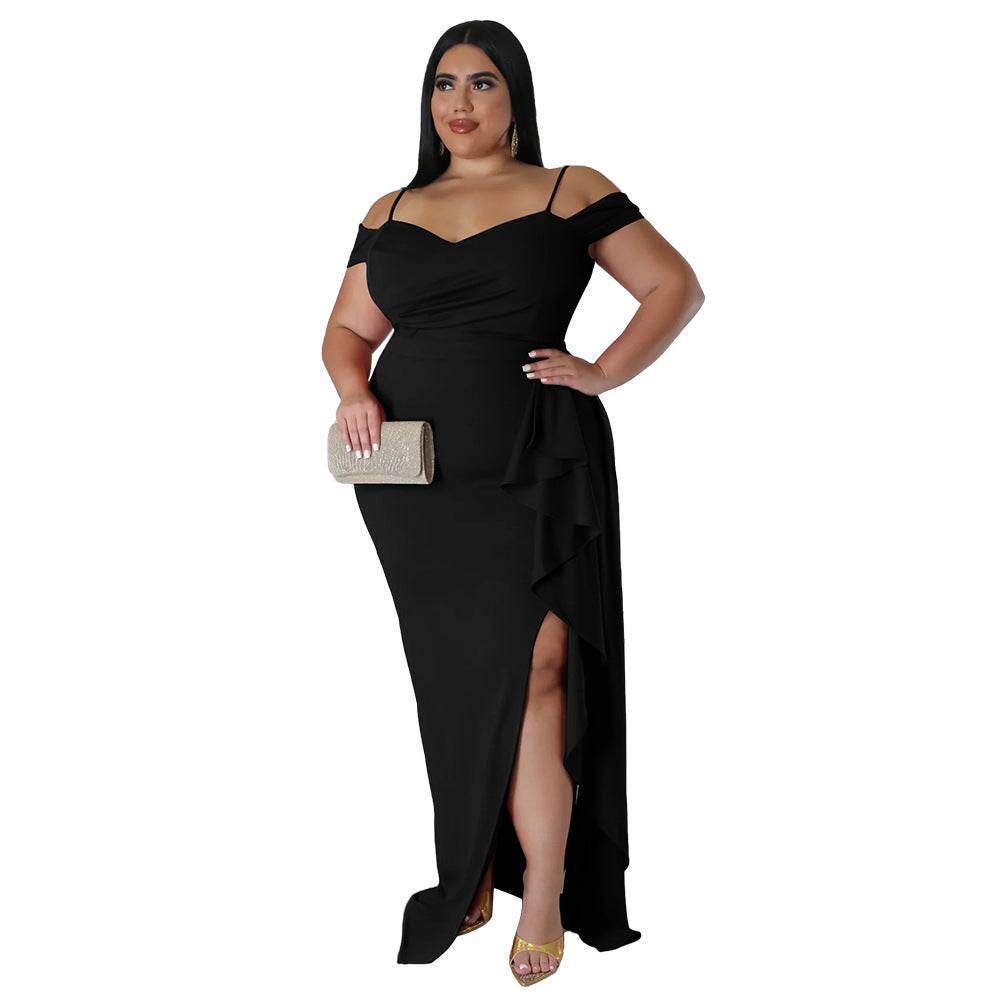 Ruffled Sling Dress with High Slit