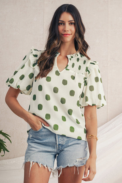 Blouse met stippenprint gesmokte halslijn en korte ballonmouwen