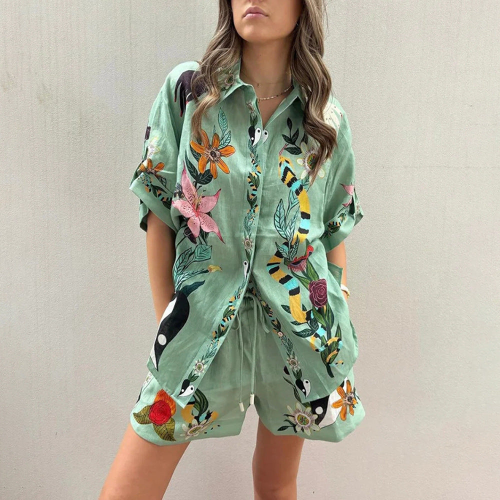 Womens Loose Printed Shirt Shorts Set
