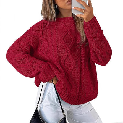 Women Solid Cable Knit Round Neck Pullover Sweater