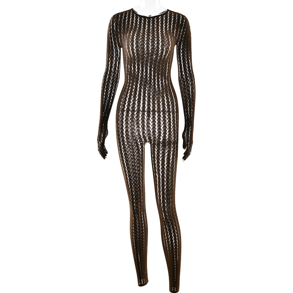 Sexy Striped Jacquard Jumpsuit with Half-Finger Gloves One-piece suit