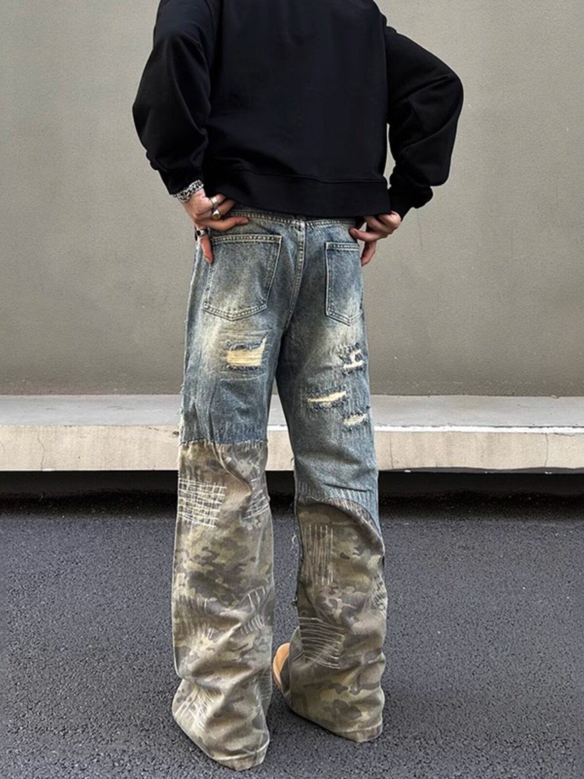 Vintage Camouflage Stitching Ripped Heavy Jeans