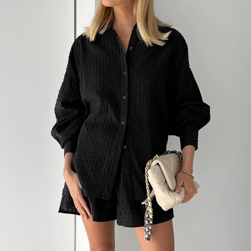 Dames jacquard blouse met lange pofmouwen en bijpassende shorts