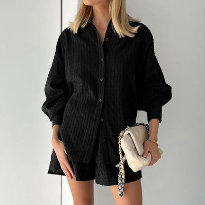 Dames jacquard blouse met lange pofmouwen en bijpassende shorts