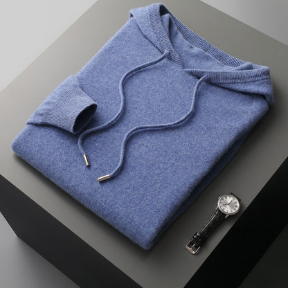 Mens Hooded Cashmere Blend Sweater Solid Color Long Sleeve Knit Pullover