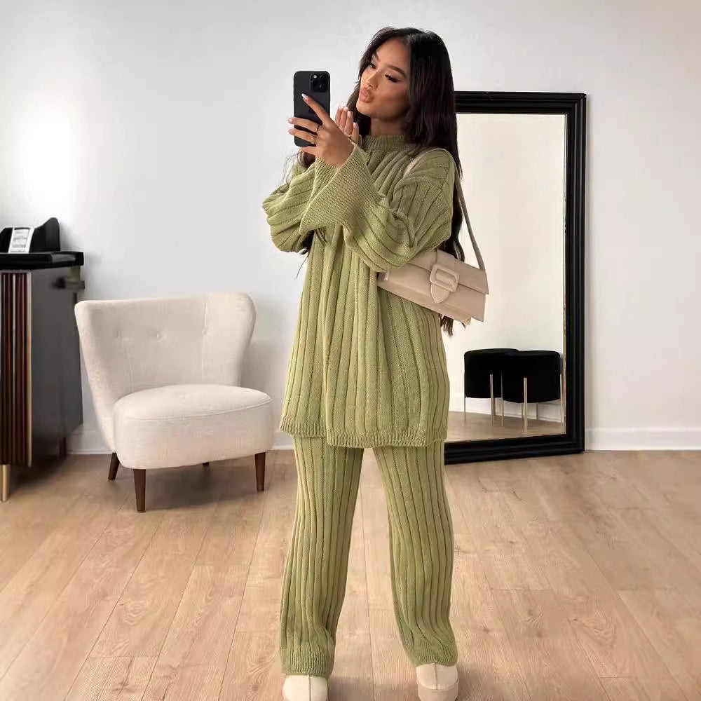 Effen kleur Idle Style ronde hals losse trui broek tweedelig set