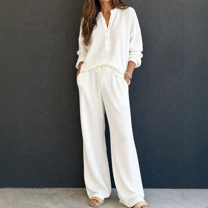 Women's Solid Color Knit Rib Top Straight Pants Set