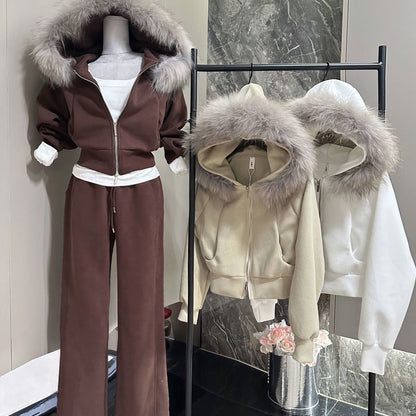 Fleece-Lined Thick Hooded Sweatshirt Jacket Pants Two-Piece Set