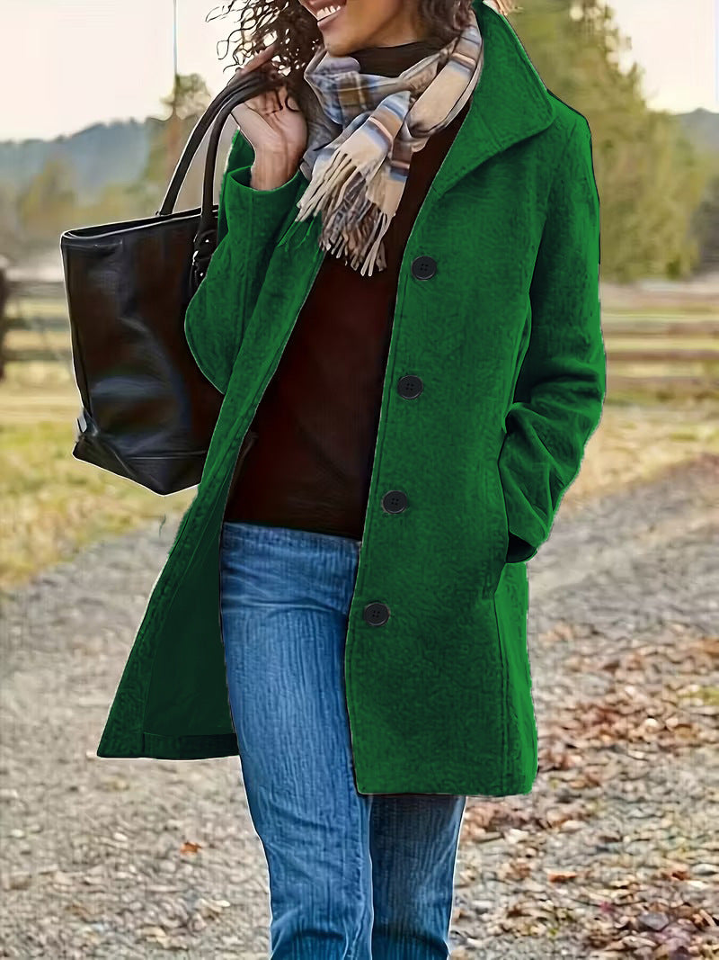 Women Solid Color Lapel Woolen Coat Long Winter Overcoat