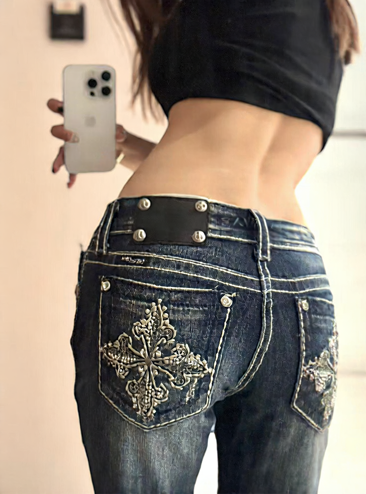 Rhinestone Embroidered Low-Rise Women's Jeans
