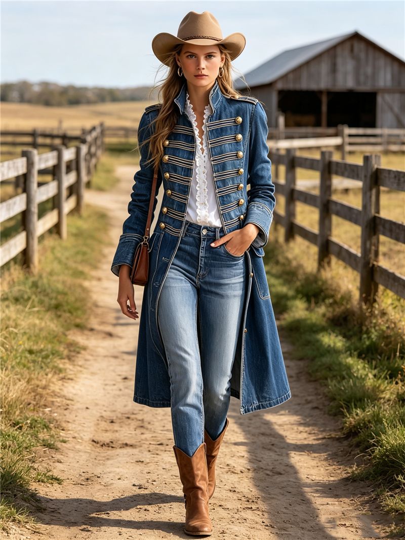 Western Style Denim Mid-Length Coat