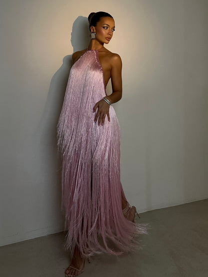 Halterneck Backless Long Tassel Dress