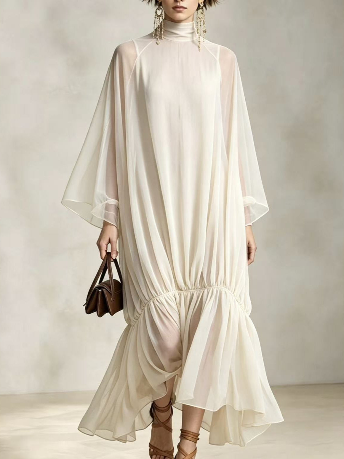 Loose Fit Pleated Dress with Batwing Sleeves