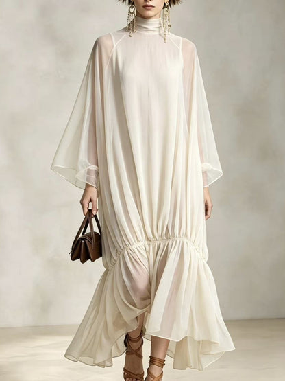 Loose Fit Pleated Dress with Batwing Sleeves