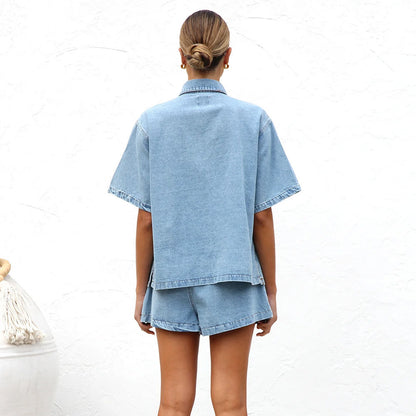 Denim damespak met zakken en korte mouwen