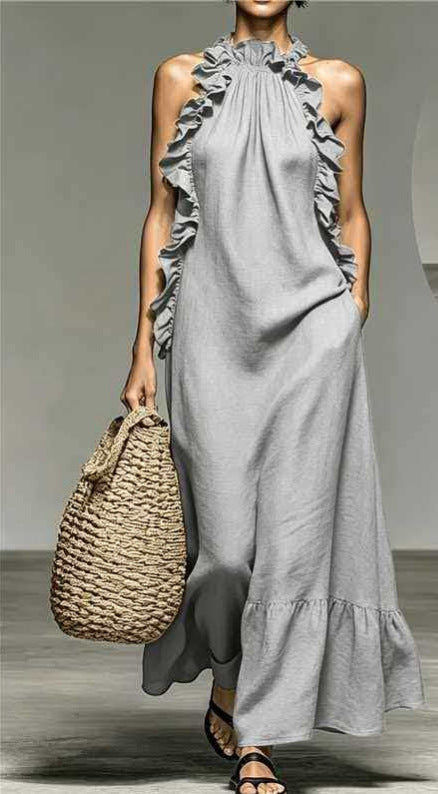 Women Sleeveless Halter Neck Ruffle Dress